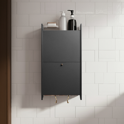 Space-saving cabinet with upward-gliding doors mounted on a white tiled wall.
