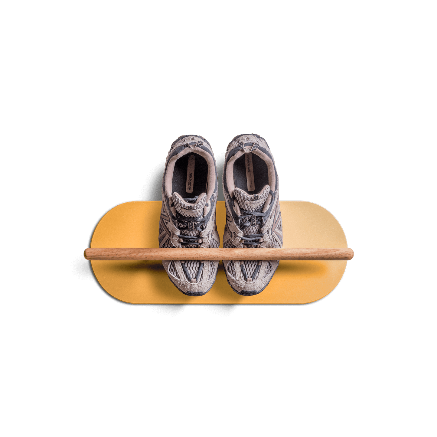 minimalist space saving shoe rack with sneakers on floating wooden shelf