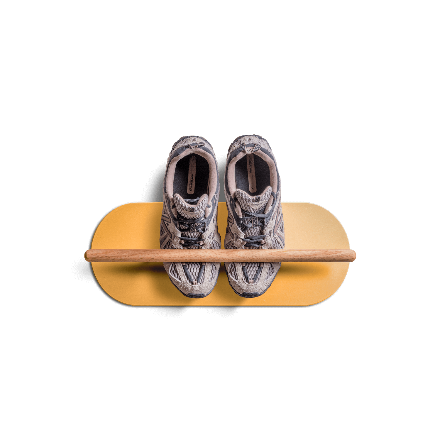 minimalist space saving shoe rack with sneakers on floating wooden shelf