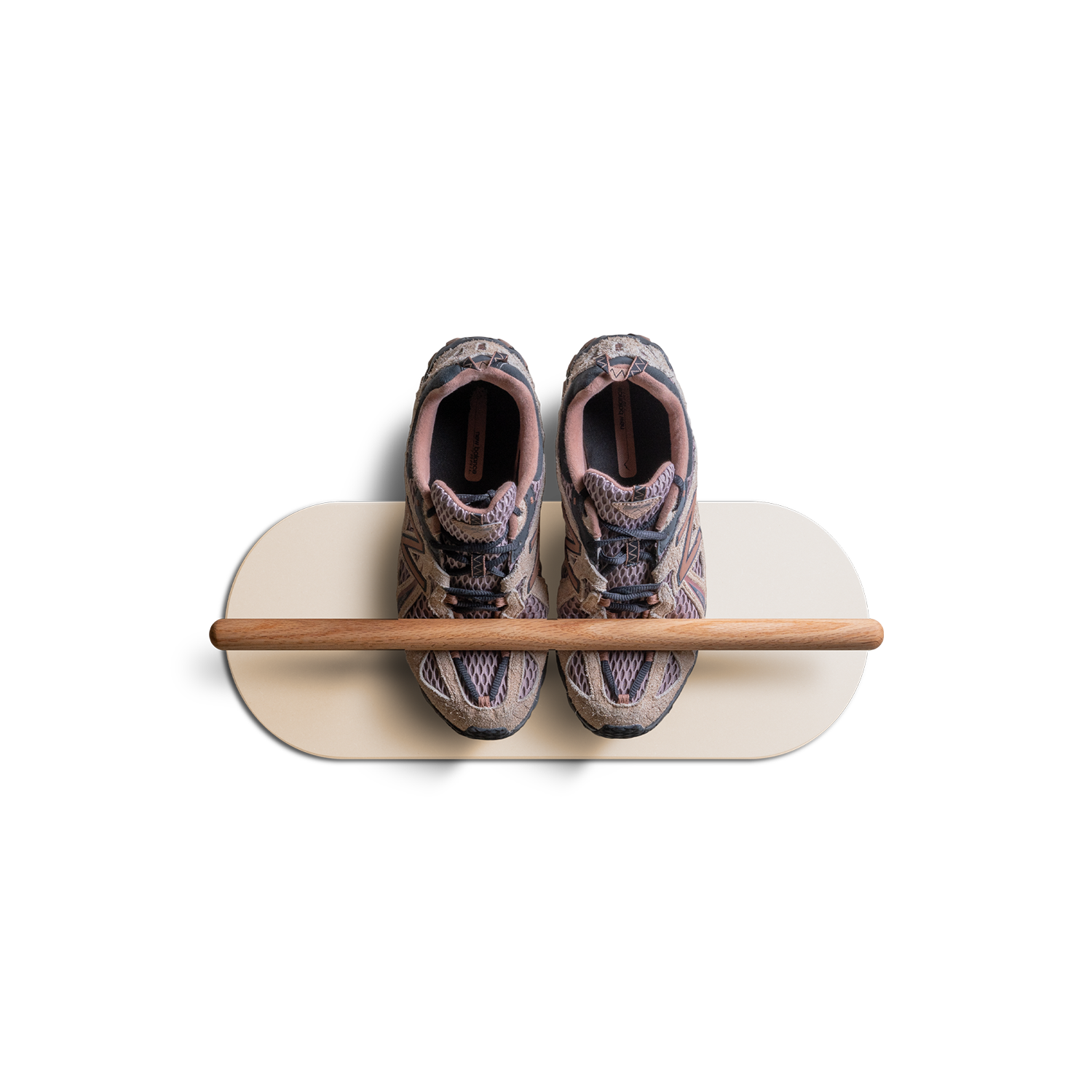 floating space saving shoe rack with oak bar and wall protector holding pair of sneakers