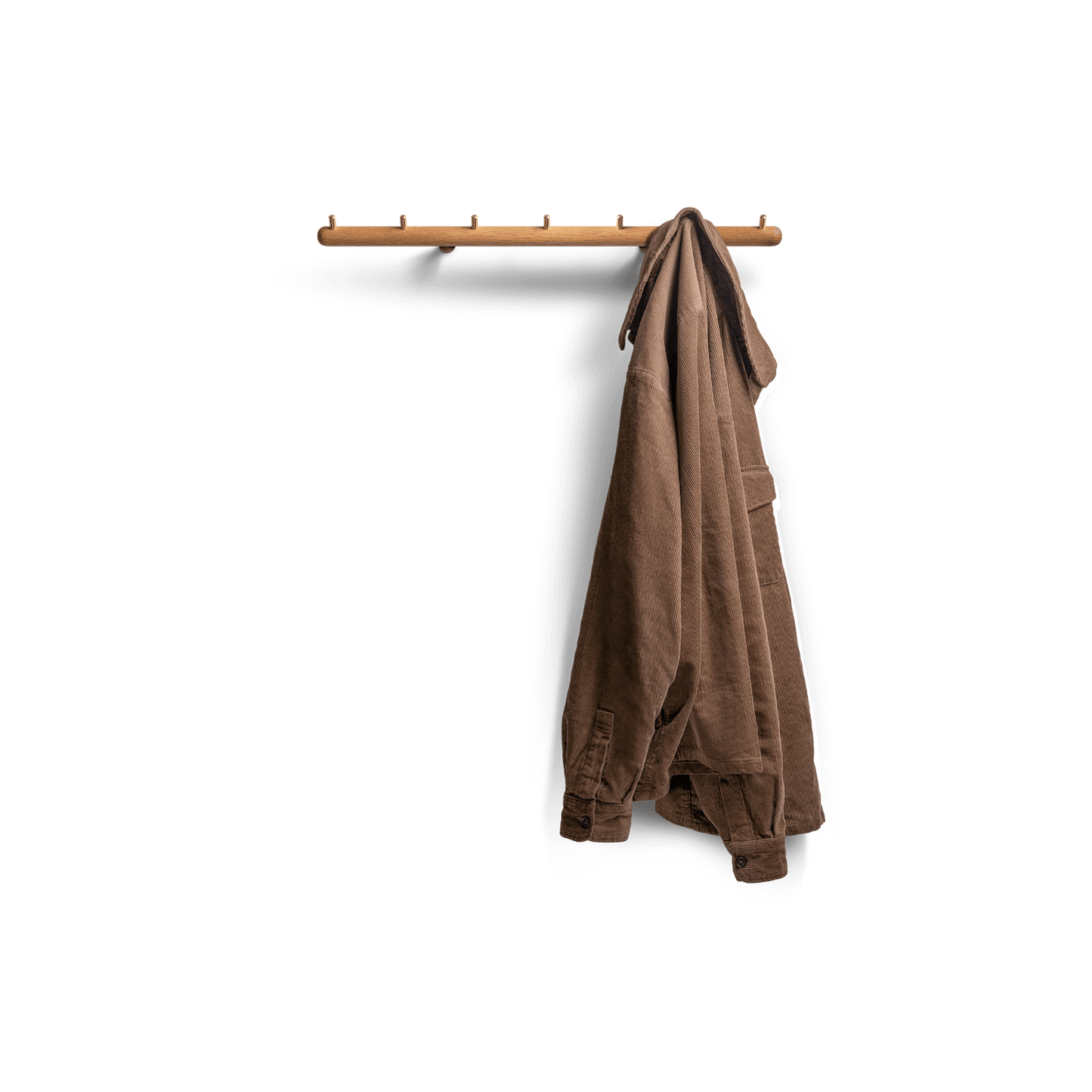 Adapt coat rack, wall mounted in oak with brass hooks, front view with jacket hanging