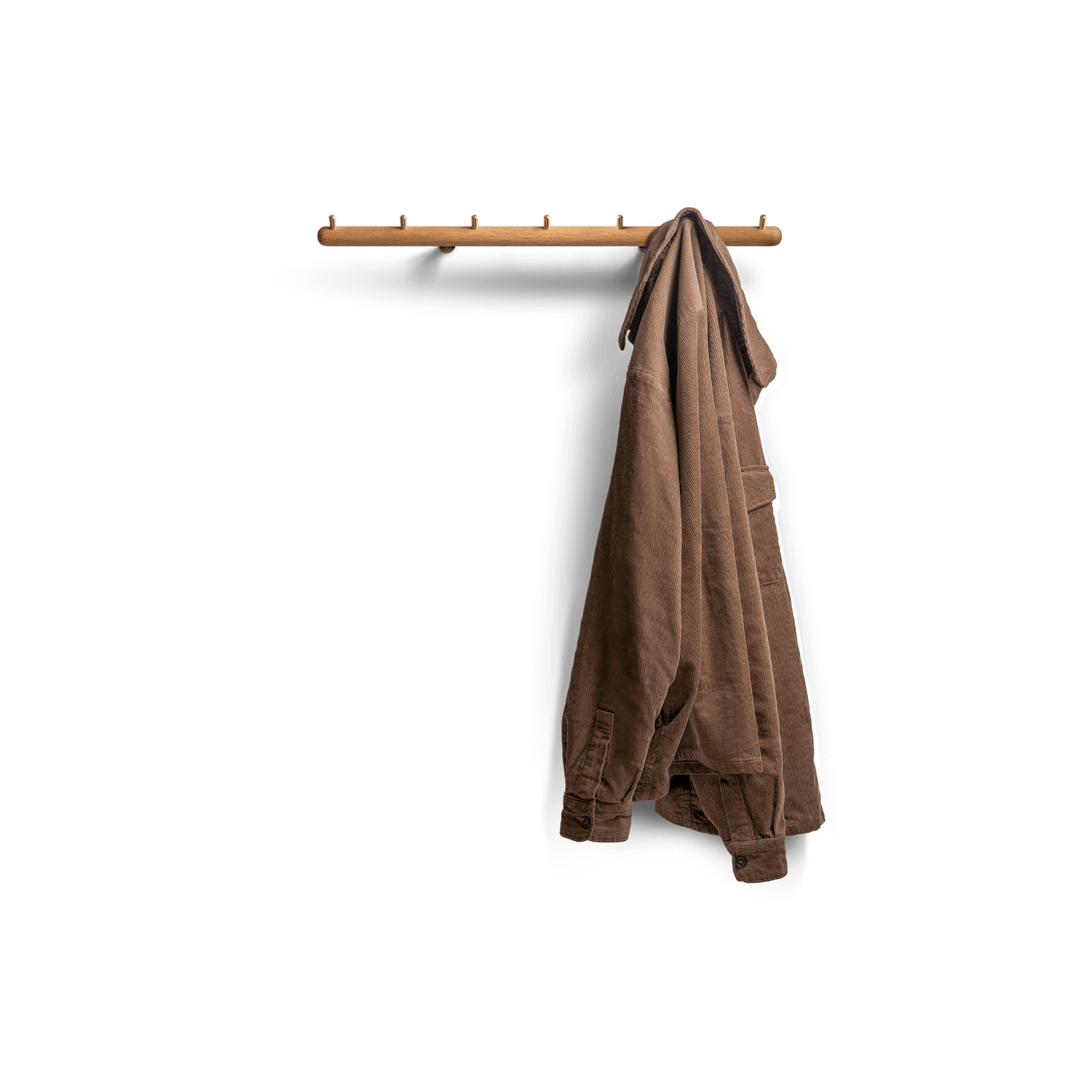 Adapt coat rack, wall mounted in oak with brass hooks, front view with jacket hanging