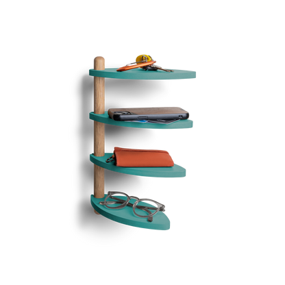 adjustable wall shelf made from off-cut materials displaying small items