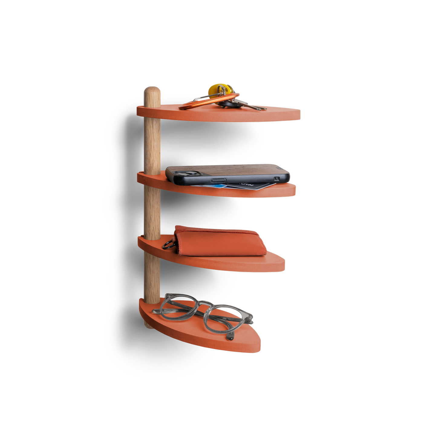 adjustable wall shelf made from recycled off-cut materials with three levels holding small items