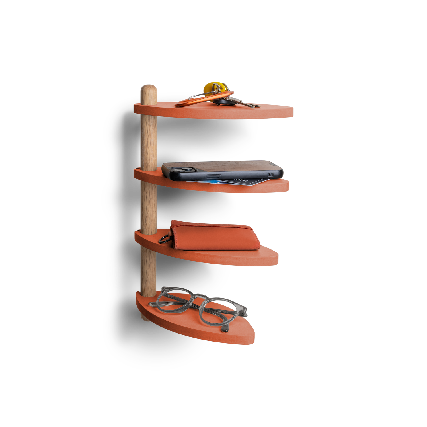 adjustable wall shelf made from recycled off-cut materials with three levels holding small items