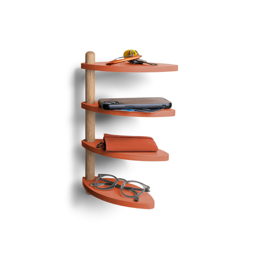 adjustable wall shelf made from recycled off-cut materials with three levels holding small items