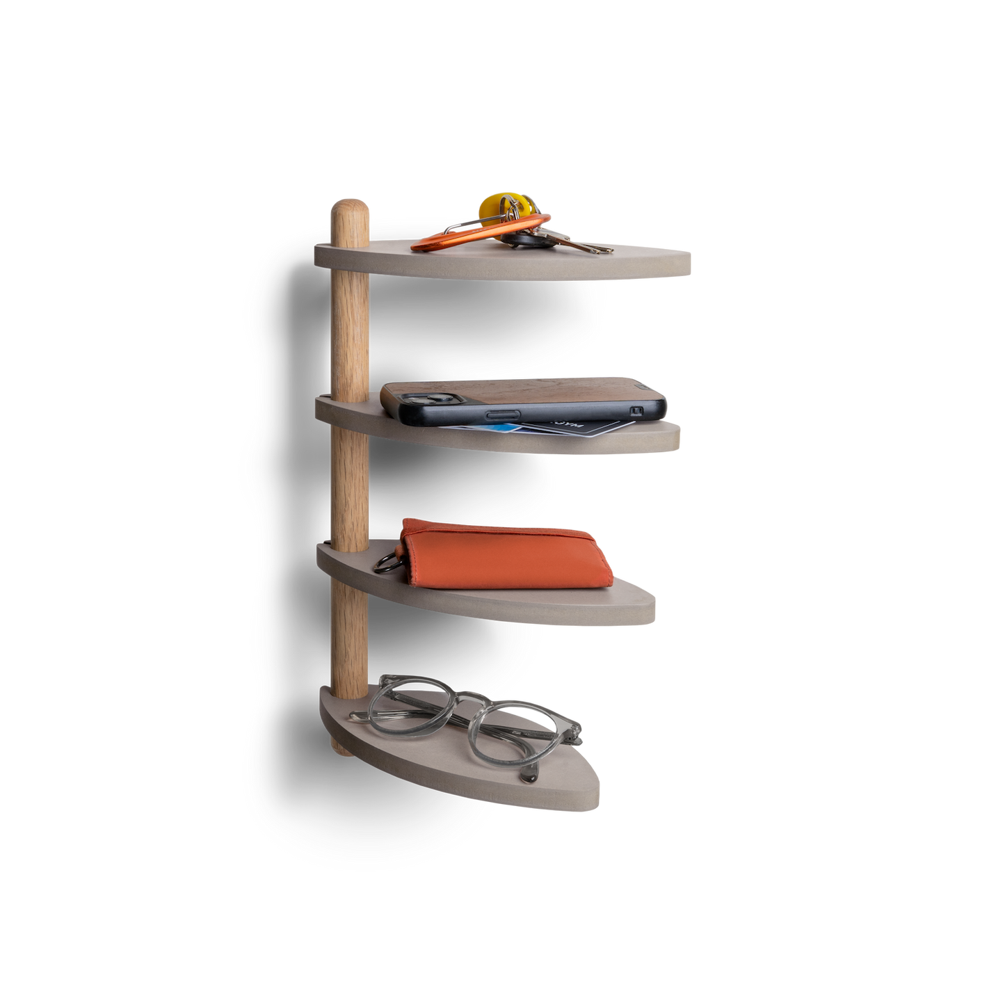 adjustable wall shelf made from off-cut materials displaying small items