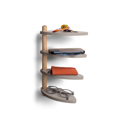 adjustable wall shelf made from off-cut materials displaying small items